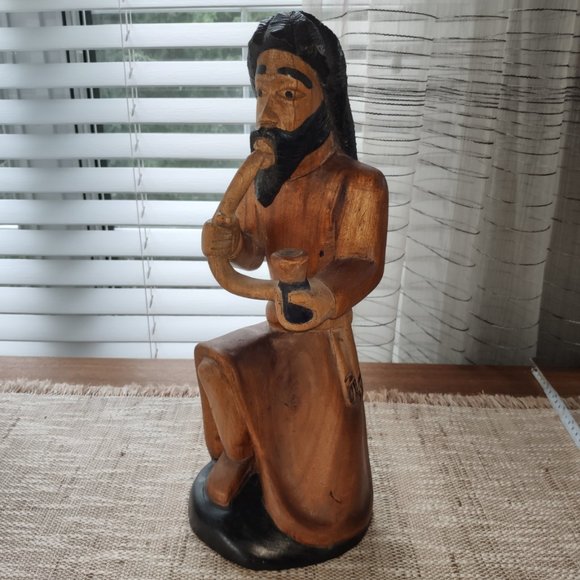 Hand Carved Wood Sculpture VTG Tall Robed Bearded Man Rastafarian Hookah 15" - Picture 1 of 10